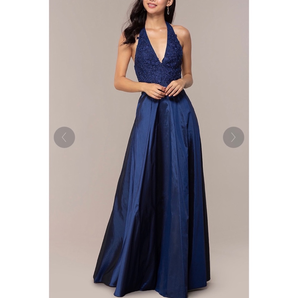 Promgirl embroidered navy blue halter dress